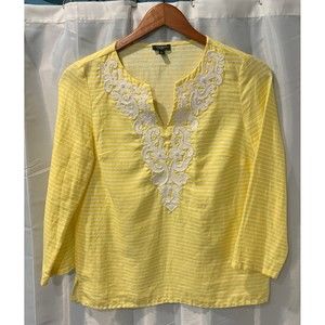 Talbots Beaded Women's P 100% Linen Yellow/White Striped Casual Shirt Top